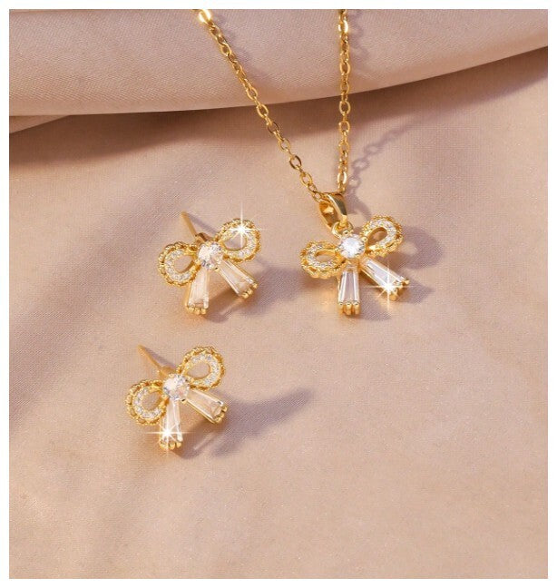 Round and baguette bow - Necklace/Earring set - Gold - CZs - 18"