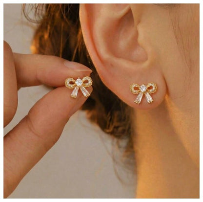 Round and baguette bow - Necklace/Earring set - Gold - CZs - 18"