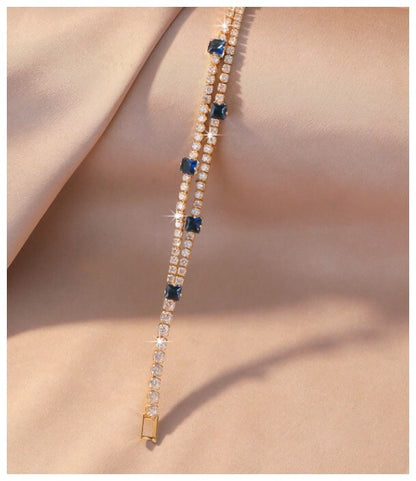 Two row blue and white - Bracelet - Gold - CZs - 7"