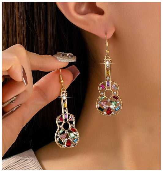 Multicolor rectangle guitar - Earrings - Gold - CZs - 2.5"