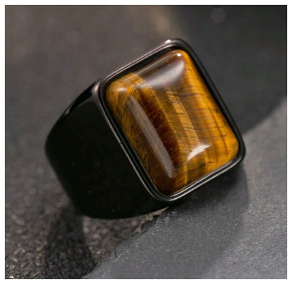 Brown tiger's eye - Ring - black stainless steel - Size 10