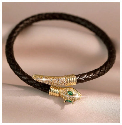Black leather snake bracelet - Bracelet - Gold - CZs - 7"