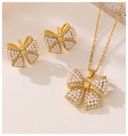 Pearl accent bow - Necklace/Earring set - Gold - CZs - 18"