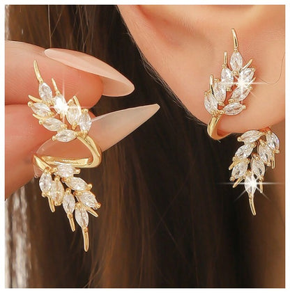 Gold leaf swirl - Earrings - Gold - CZs - 1.5"