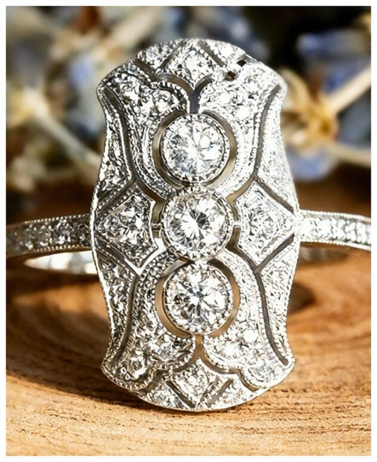 Antique Art Deco style - Ring - Silver - CZs - Size 8