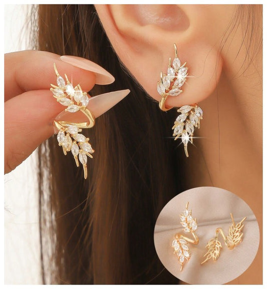 Gold leaf swirl - Earrings - Gold - CZs - 1.5"