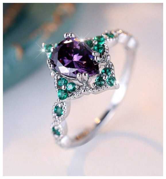 Vintage style purple and green pear - Ring - Silver - CZs - Size 6