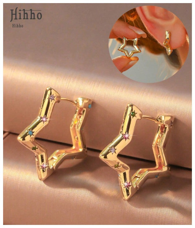Multicolor accent star - Earrings - Gold - CZs - 1"