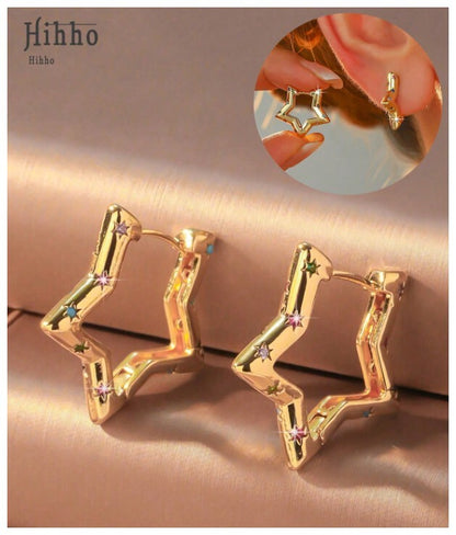 Multicolor accent star - Earrings - Gold - CZs - 1"