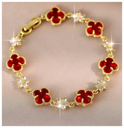 Red clover and flower - Bracelet - Gold - CZs - 7"