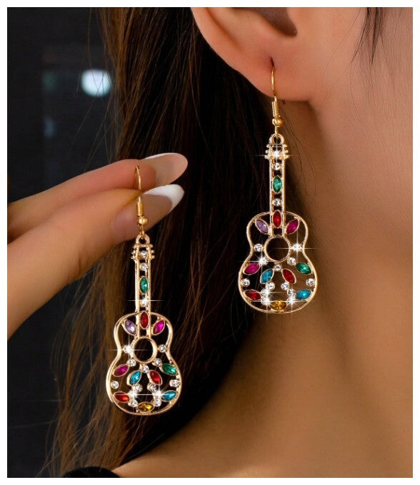 Multicolor marquise guitar - Earrings - Gold - CZs - 2.5"