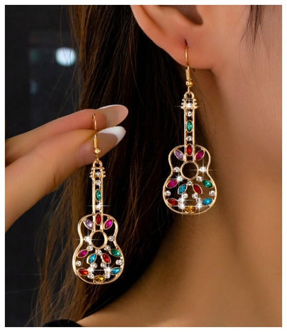 Multicolor marquise guitar - Earrings - Gold - CZs - 2.5"