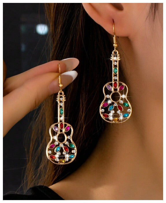 Multicolor marquise guitar - Earrings - Gold - CZs - 2.5"