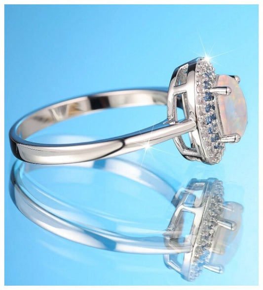White simulated opal halo - Ring - Silver - CZs - Size 7