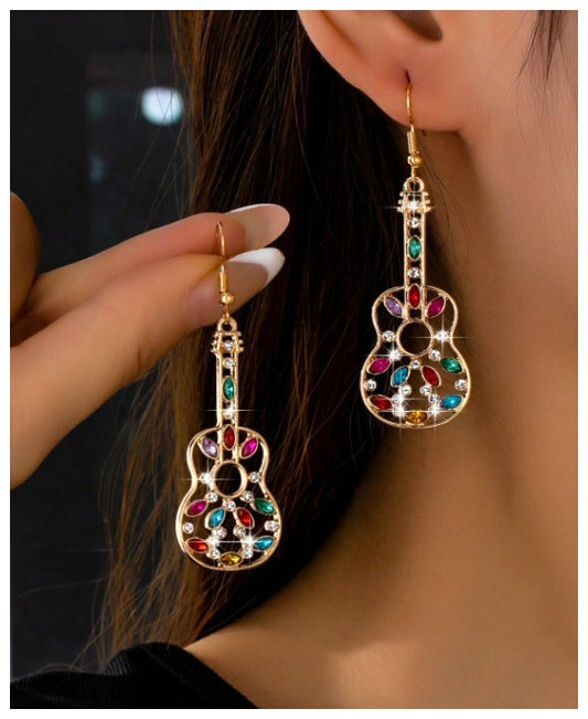 Multicolor marquise guitar - Earrings - Gold - CZs - 2.5"