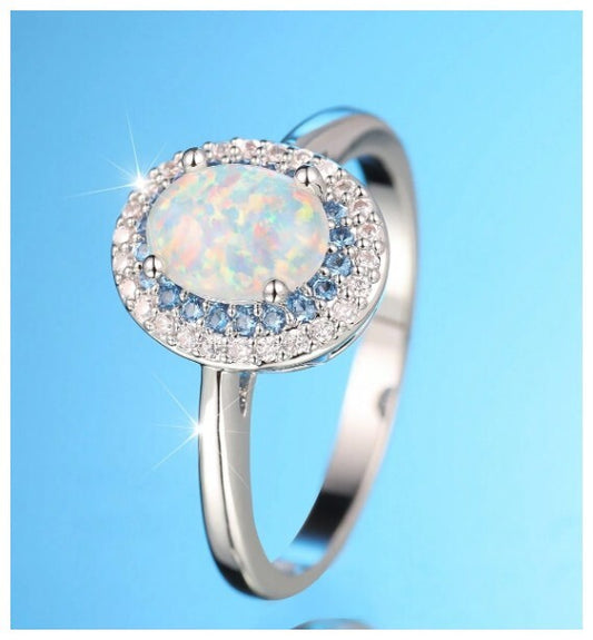 White simulated opal halo - Ring - Silver - CZs - Size 7
