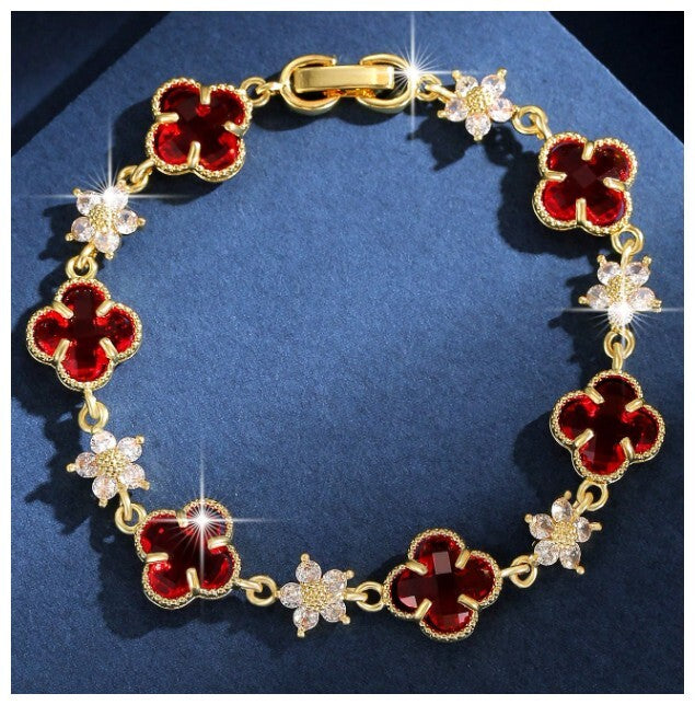 Red clover and flower - Bracelet - Gold - CZs - 7"