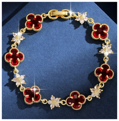 Red clover and flower - Bracelet - Gold - CZs - 7"