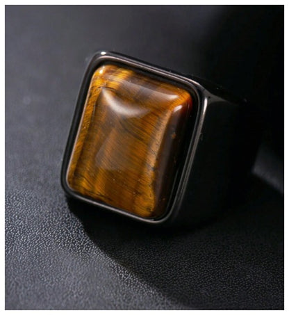 Brown tiger's eye - Ring - black stainless steel - Size 10
