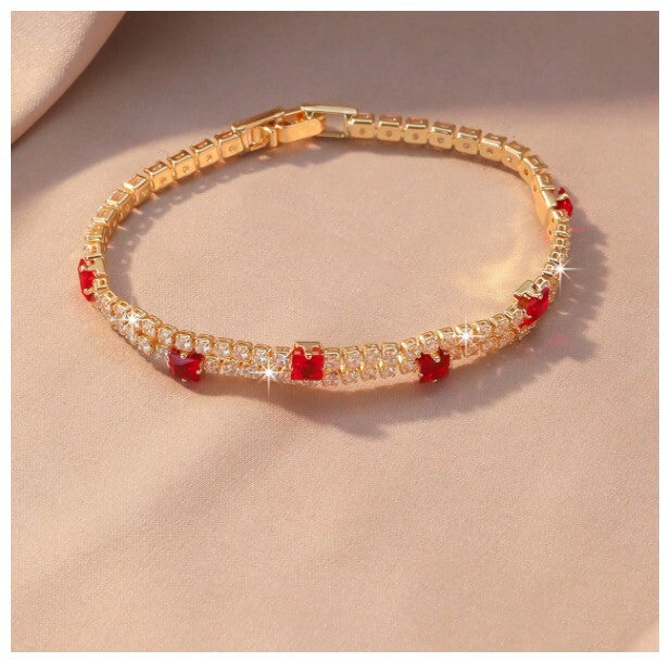 Two row red and white - Bracelet - Gold - CZs - 7"