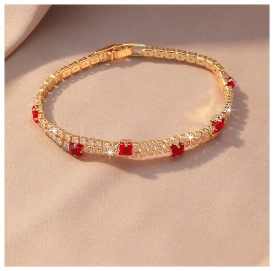 Two row red and white - Bracelet - Gold - CZs - 7"