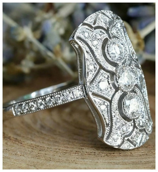 Antique Art Deco style - Ring - Silver - CZs - Size 8