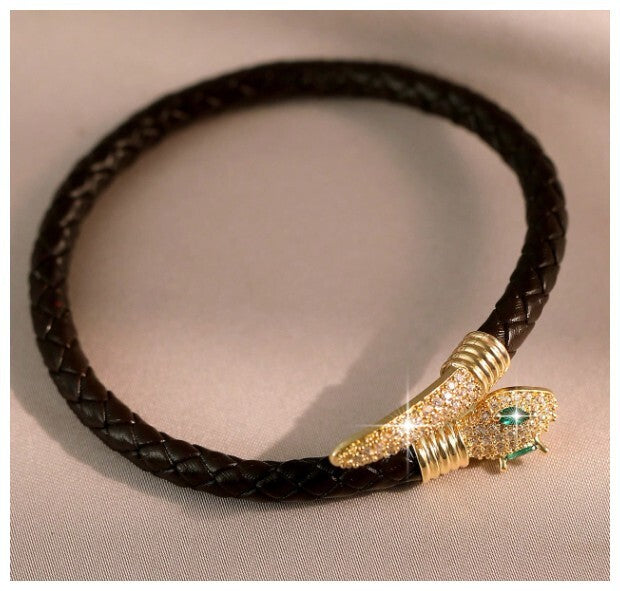 Black leather snake bracelet - Bracelet - Gold - CZs - 7"