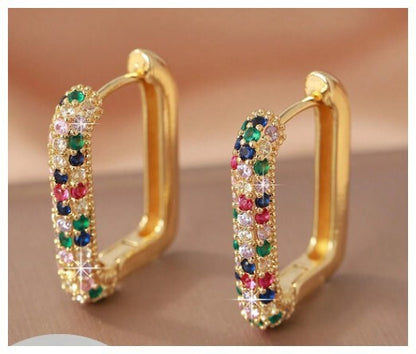 Multicolor rectangle hoop - Earrings - Silver - CZs - 1"