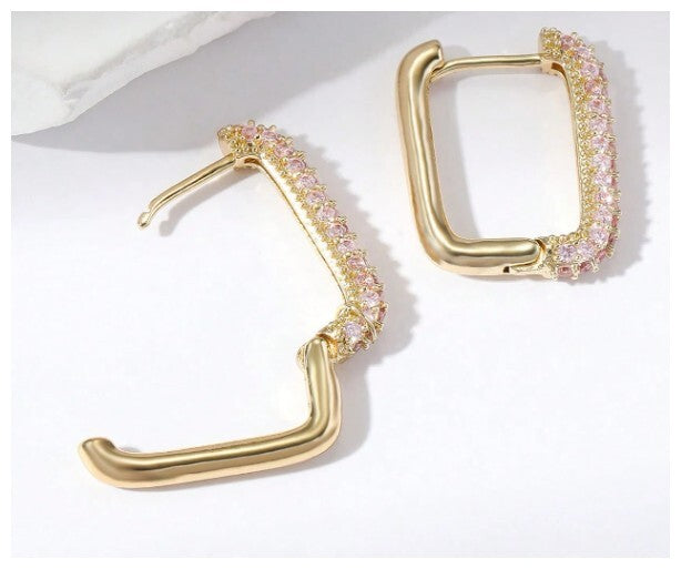 Pave rectangle hoop - Earrings - Silver - CZs - 1"