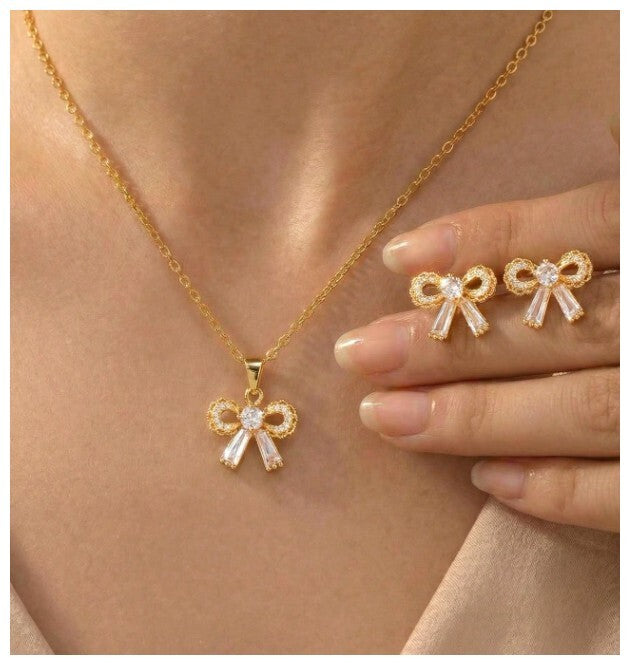 Round and baguette bow - Necklace/Earring set - Gold - CZs - 18"
