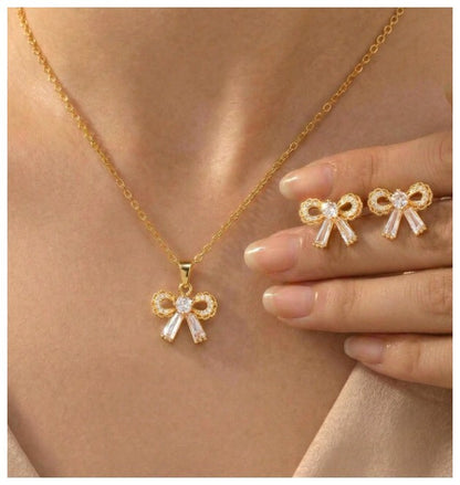 Round and baguette bow - Necklace/Earring set - Gold - CZs - 18"