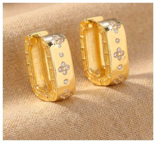 Clover accent hoops - Earrings - Gold - CZs - .7"