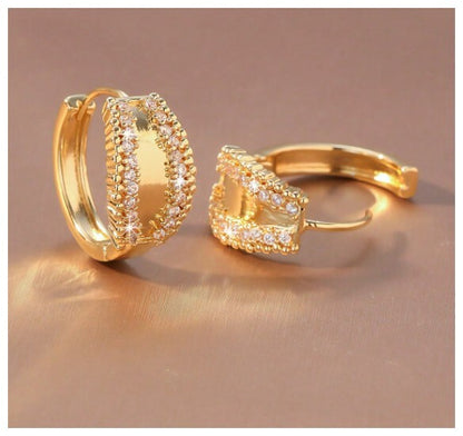 Stone rimmed hoop - Earrings - Gold - CZs - 1"