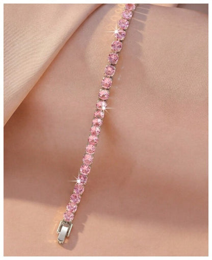 Pink round tennis - Bracelet - Silver - CZs - 4mm 7-8.5"