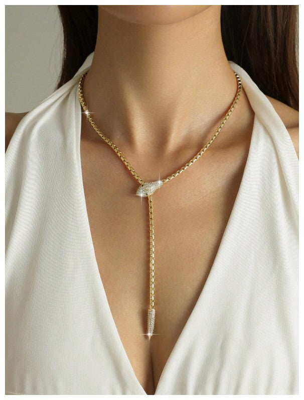 Green eyed snake - Necklace - Gold - CZs - 24"