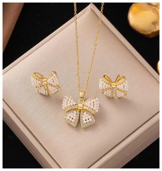 Pearl accent bow - Necklace/Earring set - Gold - CZs - 18"