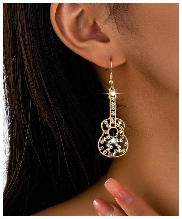 Guitar with accents - Earrings - Gold - CZs - 2.5"