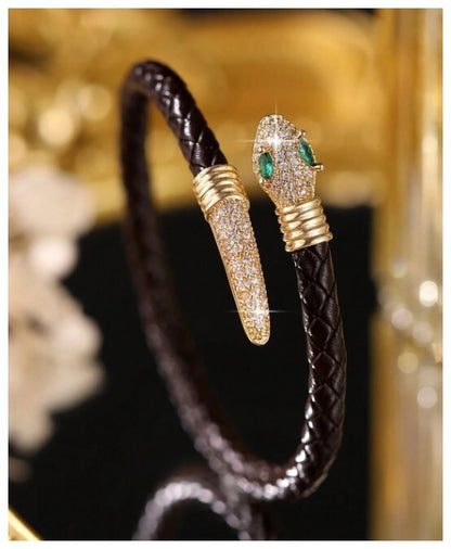 Black leather snake bracelet - Bracelet - Gold - CZs - 7"