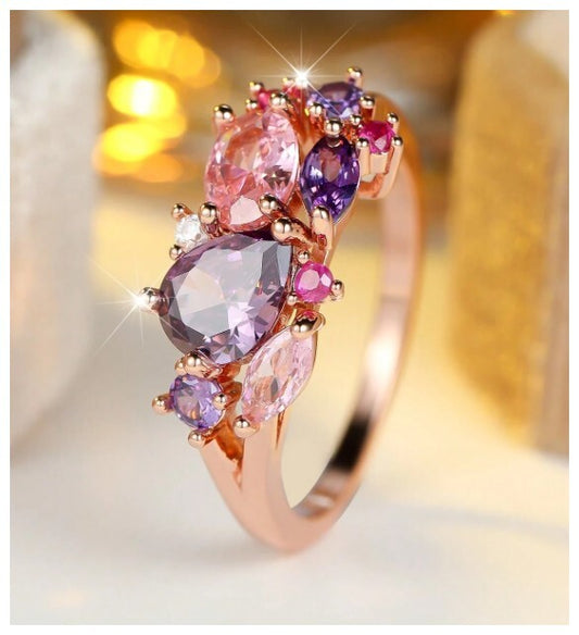 Multicolor pink and purple - Ring - Rose Gold - CZs - Size 10