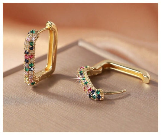 Multicolor rectangle hoop - Earrings - Silver - CZs - 1"
