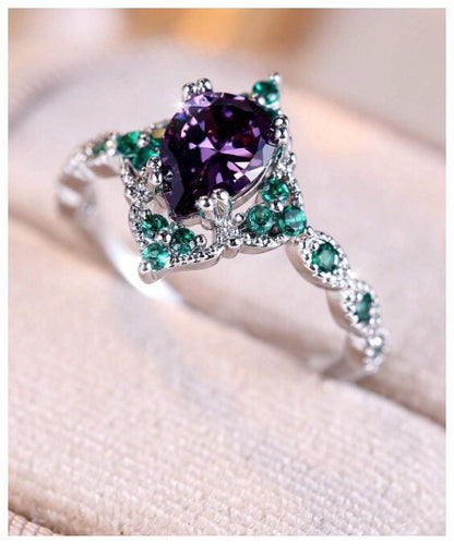 Vintage style purple and green pear - Ring - Silver - CZs - Size 7