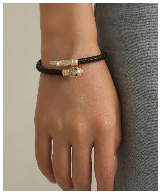 Black leather snake bracelet - Bracelet - Gold - CZs - 7"