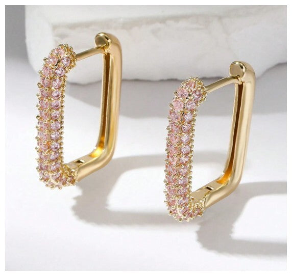 Pave rectangle hoop - Earrings - Silver - CZs - 1"
