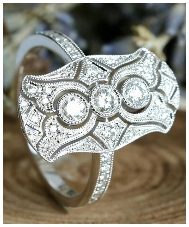 Antique Art Deco style - Ring - Silver - CZs - Size 10