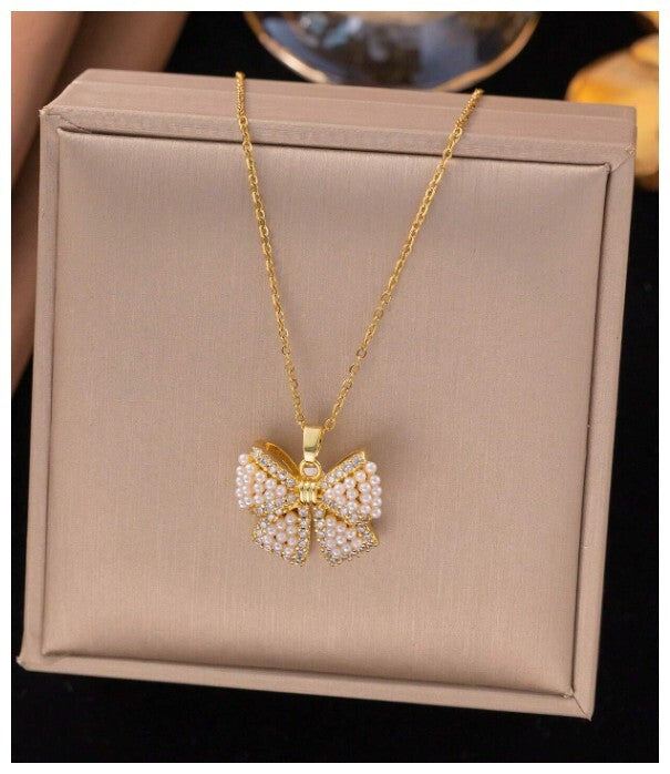 Pearl accent bow - Necklace/Earring set - Gold - CZs - 18"