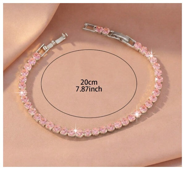 Pink round tennis - Bracelet - Silver - CZs - 4mm 7-8.5"