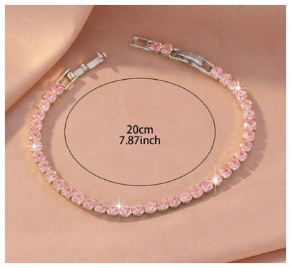 Pink round tennis - Bracelet - Silver - CZs - 4mm 7-8.5"