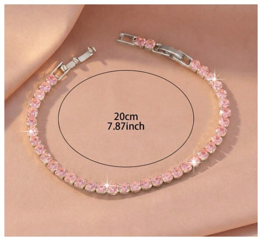Pink round tennis - Bracelet - Silver - CZs - 4mm 7-8.5"