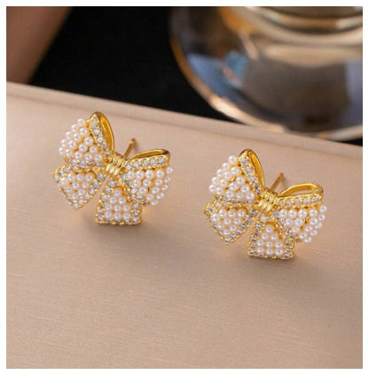 Pearl accent bow - Necklace/Earring set - Gold - CZs - 18"