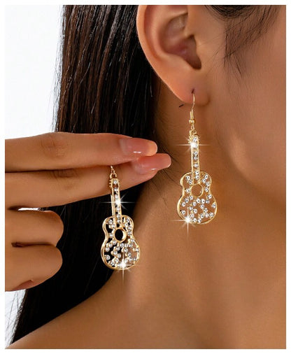 Guitar with accents - Earrings - Gold - CZs - 2.5"